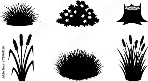 Various types of black silhouette grass and plant bushes vector clipart for nature and garden design elements