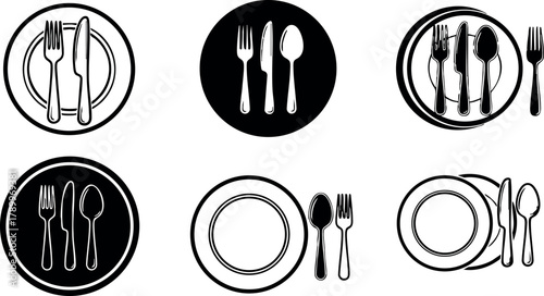 Set of six black and white plate and cutlery icons vector for dining and food service design elements