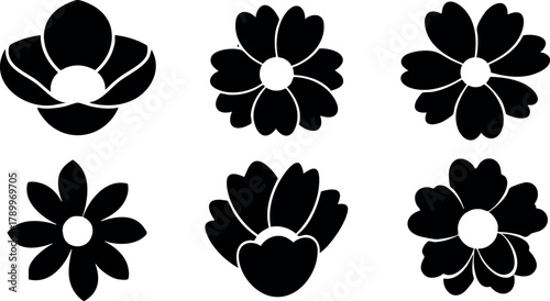 Simple black silhouette flower icons set with various petal shapes and round centers for design and decoration vector collection