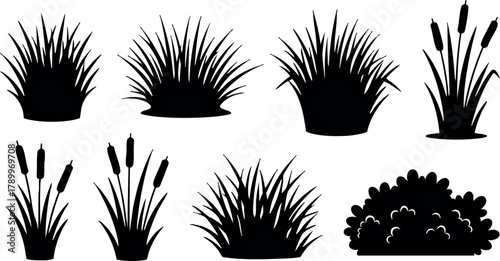Vector black silhouette set of natural grass and bush shapes isolated on white background for design and decoration purposes