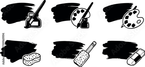 Black paint brush ink bottle sponge palette and eraser vector icons set for art and design projects
