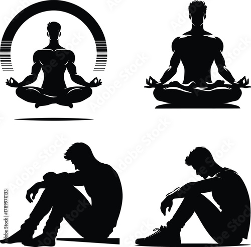 Meditating man silhouette in yoga position for mental health and contemplation