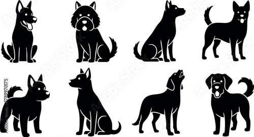 Black silhouette dogs in various sitting and standing poses vector collection for pet design and animal lovers
