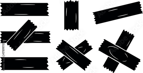 Black tape pieces with torn edges in various orientations vector illustration design for creative projects and graphic resources