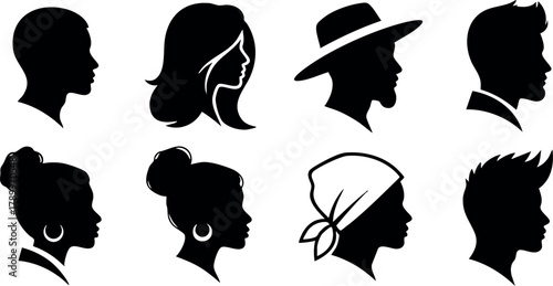 Diverse human profile silhouettes showing different hairstyles and headwear in black vector design illustration