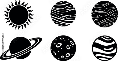Solar system planets and sun vector icons in black and white simple style for space design and astronomy projects