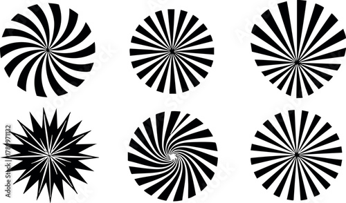 Circular black and white optical illusion shapes with radial and spiral patterns for graphic design and visual effects use vector illustration