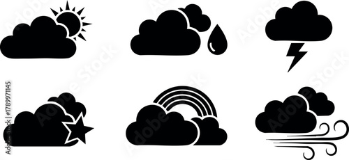 Weather icons set with sun, rain, thunderstorm, star, rainbow, and wind vector symbols for modern design and digital use