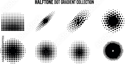 Halftone dot gradient collection with various circular and rectangular shapes seamless digital design vector patterns