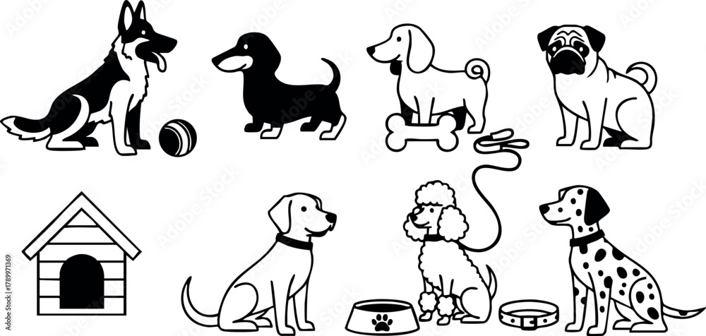 Fototapeta premium Cute dogs with dog house and toys vector illustration in black and white style