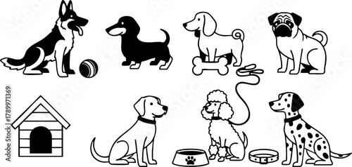 Cute dogs with dog house and toys vector illustration in black and white style