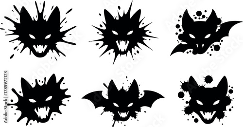 Spooky Halloween vampire bat faces vector set with black ink splatter style for seasonal spooky design elements