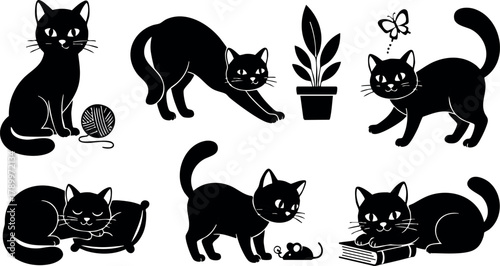 Black cat silhouettes playing resting and exploring with yarn plant and book vector illustration