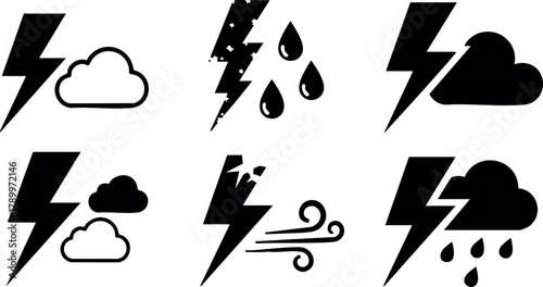 Lightning weather icons set with rain wind clouds and storm symbols for meteorology and forecasting vector illustration