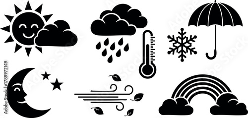 Weather icon set including sun, cloud, rain, thermometer, snowflake, umbrella, moon, wind, and rainbow vector symbols for versatile design use