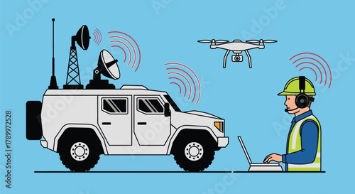 Professional drone surveillance team using modern communication truck