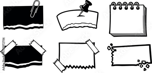 Set of torn paper notes with pins and tape in simple black and white vector style for creative design