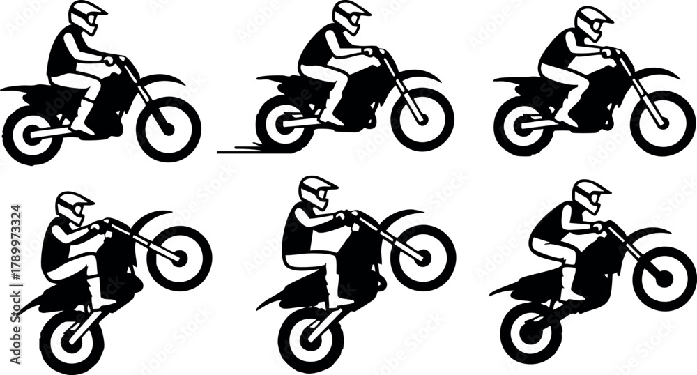Naklejka premium Motorcycle rider performing stunt wheelies vector set with helmeted biker in different action poses