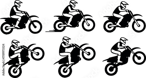 Motorcycle rider performing stunt wheelies vector set with helmeted biker in different action poses
