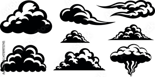 Black and white cloud silhouettes vector set with various shapes and sizes for design and decoration purposes
