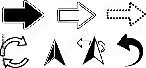 Arrow icons set in black and white solid outline and dotted styles for navigation and direction vector illustration