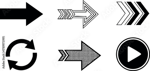 Set of black arrow icons with various styles and directions for user interface and design elements vector illustration