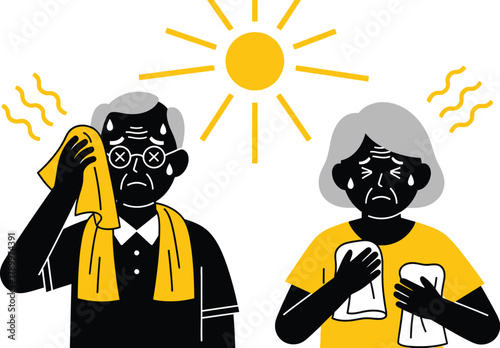 Seniors battling heat stroke with towels in summer sunshine weather