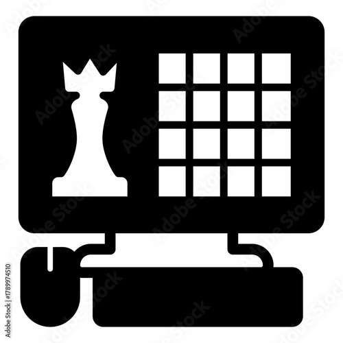 Personal computer with game app solid icon, online chess concept. Vector graphics. Gaming sign on white background, style icon mobile or web design.