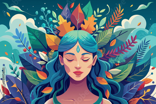 Portrait of a woman finding inner peace with leaves flowing from her mind, mental health awareness art, mindfulness, quiet meditation, and emotional healing concept.