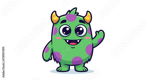 Cartoon monster character cheerful waving hello friendly mascot isolated