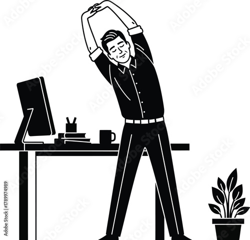 Professional does yoga stretch break at office desk for wellness