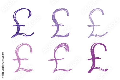Set of hand drawn british pound currency symbol. Brush stroke doodle. Single element for design