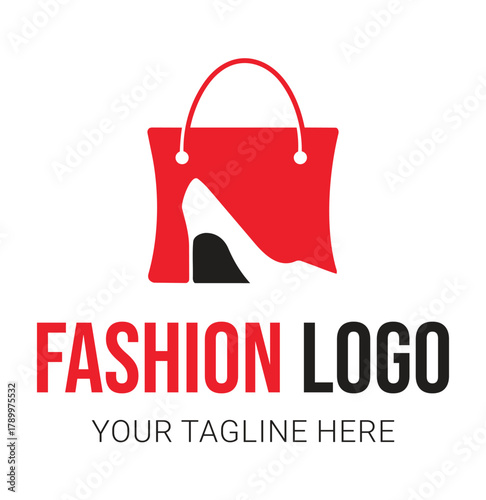 Red shopping bag with high heel shoe logo on white background fashion