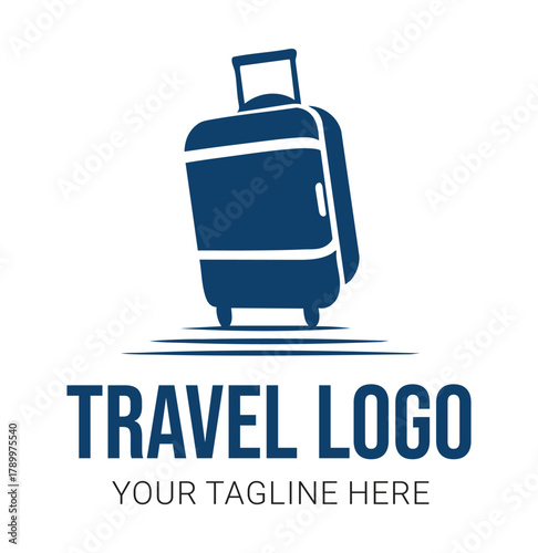 Blue suitcase logo with travel text on white background luggage