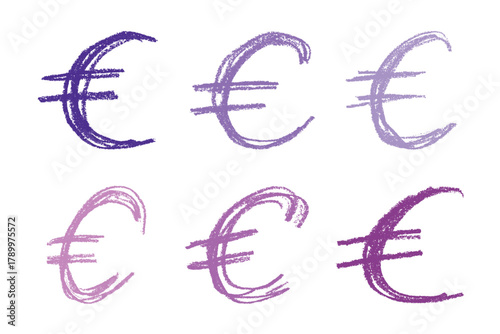 Set of hand drawn euro currency symbol. Brush stroke doodle. Single element for design
