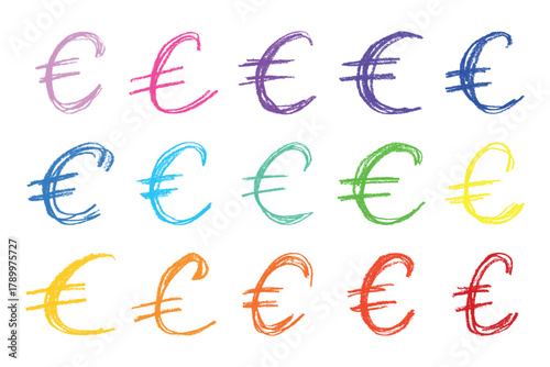 Set of hand drawn euro currency symbol. Brush stroke doodle. Single element for design