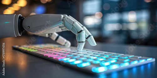 Focused ai robot hand typing on keyboard symbolizes future of business and automation. An intelligent agent shows advanced technology and precise work
