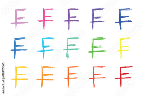 Set of hand drawn swiss franc currency symbol. Brush stroke doodle. Single element for design