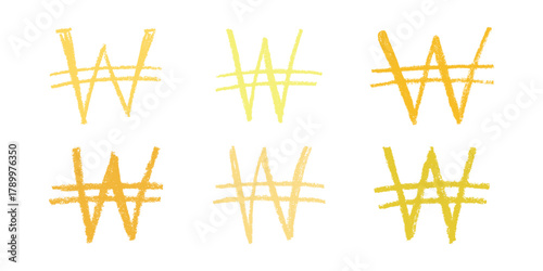 Set of hand drawn won currency symbol. Brush stroke doodle. Single element for design