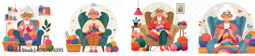 A grandmother knitting a colorful sweater while sitting on a chair, flat design, simple and minimalistic style, white background