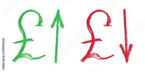 Hand drawn british pound currency symbol Growth and fall profit with arrow up and down Brush stroke doodle Element for design