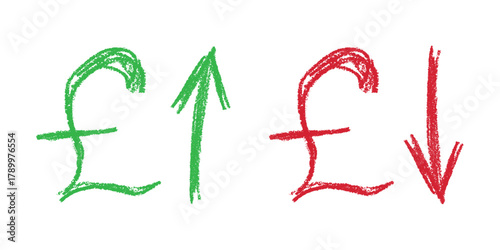 Hand drawn british pound currency symbol Growth and fall profit with arrow up and down Brush stroke doodle Element for design
