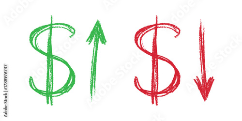 Hand drawn dollar currency symbol Growth and fall profit with arrow up and down Brush stroke doodle Element for design