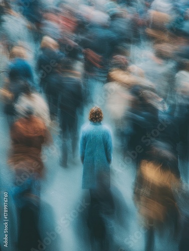photo of person standing still in moving crowd, motion blur around them, calm realism