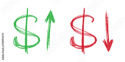 Hand drawn dollar currency symbol Growth and fall profit with arrow up and down Brush stroke doodle Element for design
