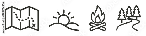 Adventure icons_ map, sunset, campfire, forest path symbols in line art