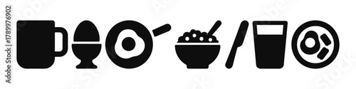 Black and white breakfast icons mug, egg, frying pan, cereal bowl, glass, bacon plate