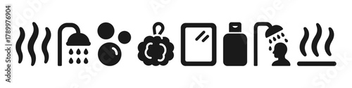 Bathroom symbols shower, bubbles, toilet, mirror, shampoo, steam icons