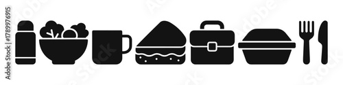 Black and white icons of food items and lunch accessories