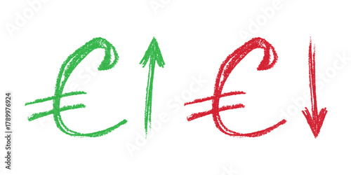 Hand drawn euro currency symbol Growth and fall profit with arrow up and down Brush stroke doodle Element for design